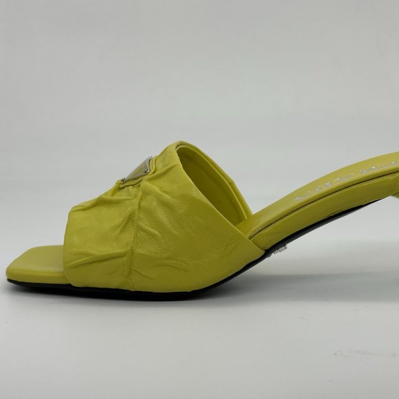 PRADA Signature Logo Antique Crinkled Leather Mules Sandals Heels Shoes - Picture 3 of 14